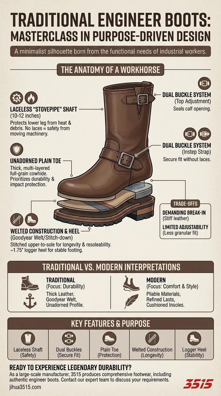 伝統的なエンジニアブーツの主なデザインの特徴は何ですか？ワークホースの解剖学を発見する ビジュアルガイド