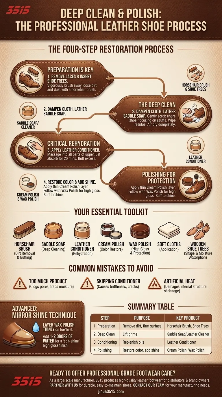 Quel est le processus de nettoyage en profondeur et de polissage des chaussures en cuir ? Guide étape par étape pour la restauration Guide Visuel