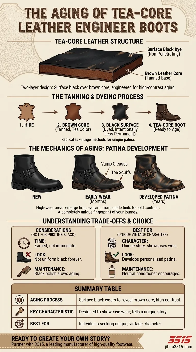 Come invecchiano gli stivali da ingegnere in pelle tea-core nel tempo? Una guida allo sviluppo di una patina unica Guida Visiva