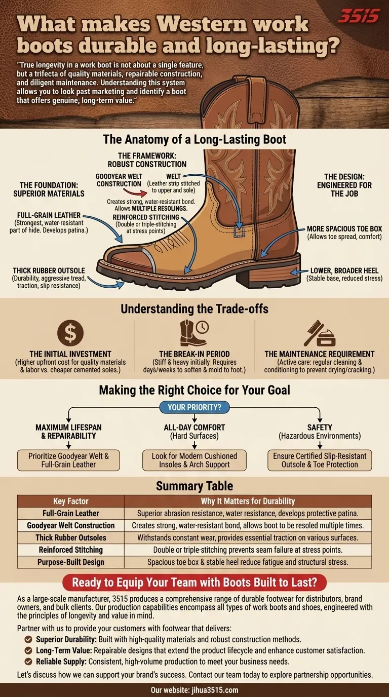 ما الذي يجعل أحذية العمل الغربية متينة وتدوم طويلاً؟ الثالوث المكون من المواد عالية الجودة، والبناء القابل للإصلاح، والتصميم دليل مرئي