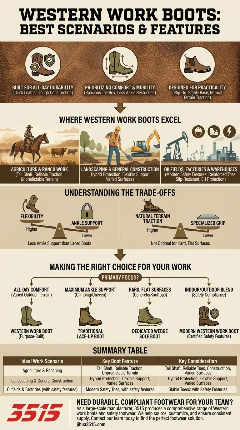 Per quali scenari lavorativi sono più adatti gli stivali da lavoro Western? Ideali per l'allevamento, l'agricoltura e il lavoro all'aperto Guida Visiva