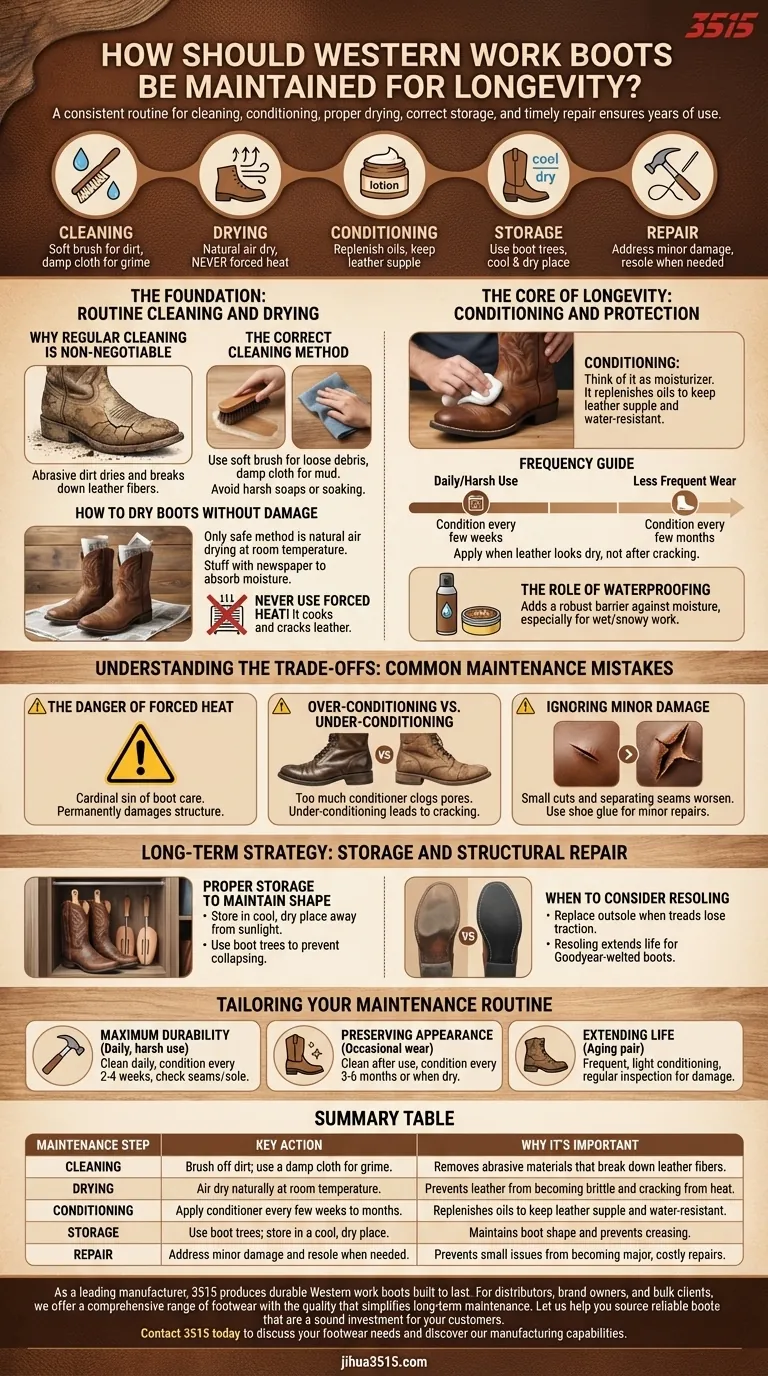 How should Western work boots be maintained for longevity? A 5-Step Guide to Extend Their Life Visual Guide