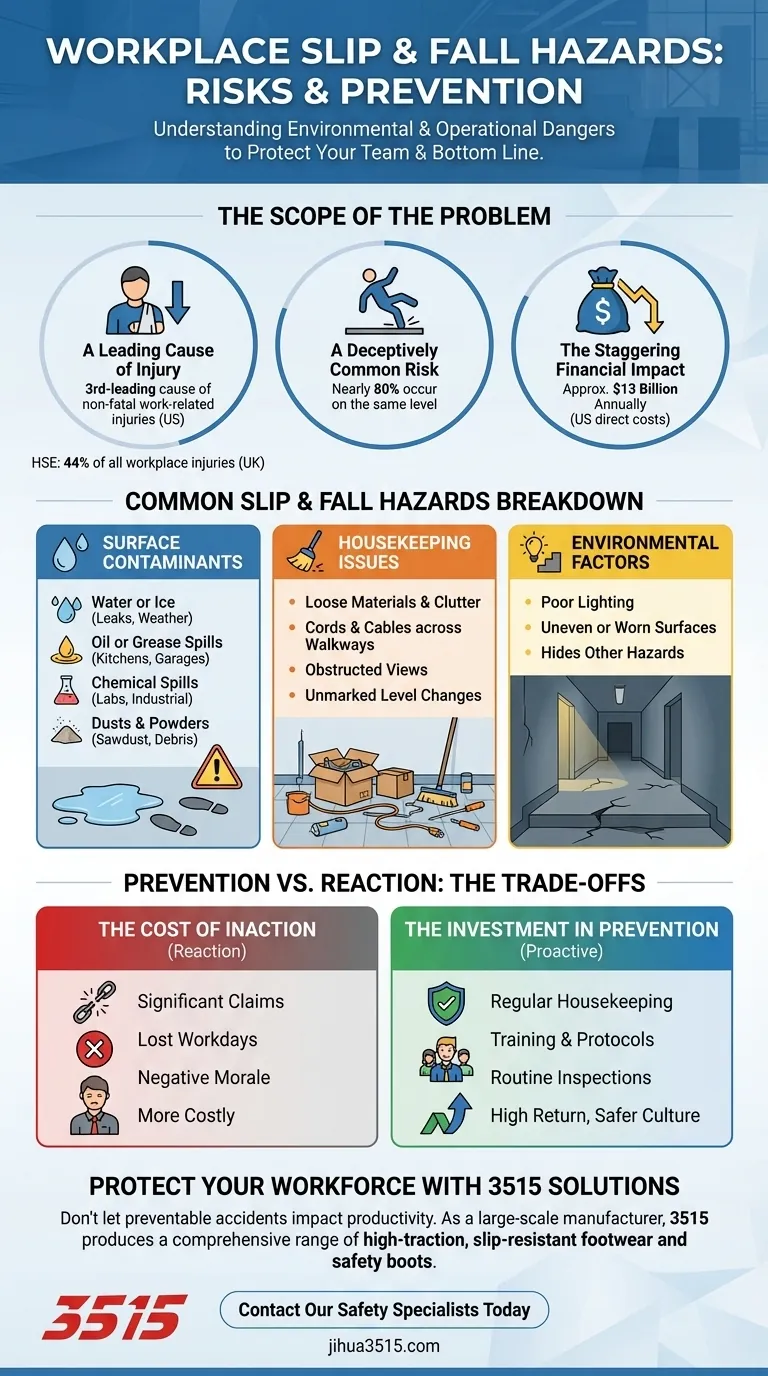 What are some hazards that can cause slips and falls in the workplace? Prevent Costly Injuries & Boost Safety Visual Guide