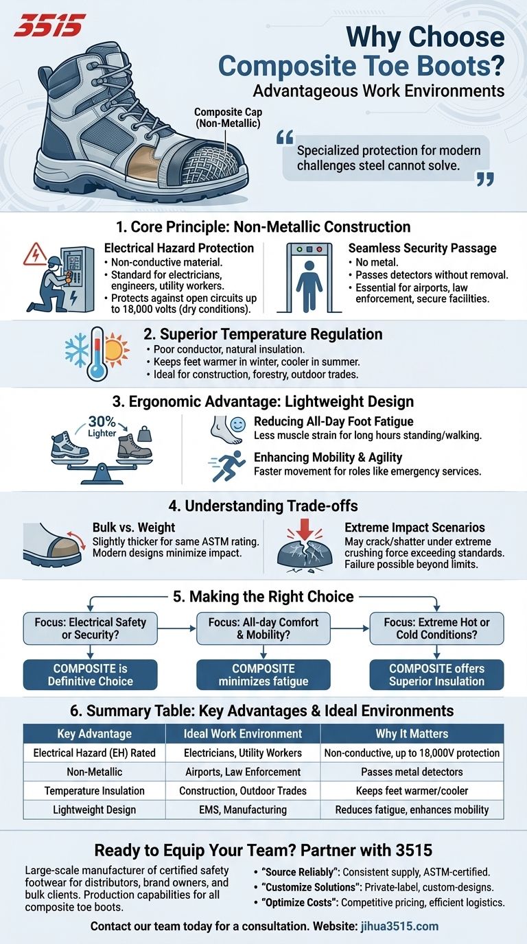 ¿En qué entornos de trabajo son particularmente ventajosas las botas de punta de composite? Esenciales para trabajos eléctricos, de seguridad y en condiciones climáticas extremas. Guía Visual