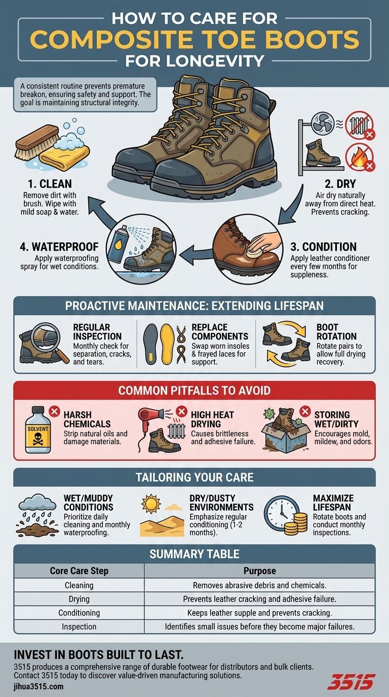 كيف يجب العناية بأحذية السلامة ذات المقدمة المركبة لضمان طول عمرها؟ إطالة عمر الحذاء بخطوات بسيطة دليل مرئي