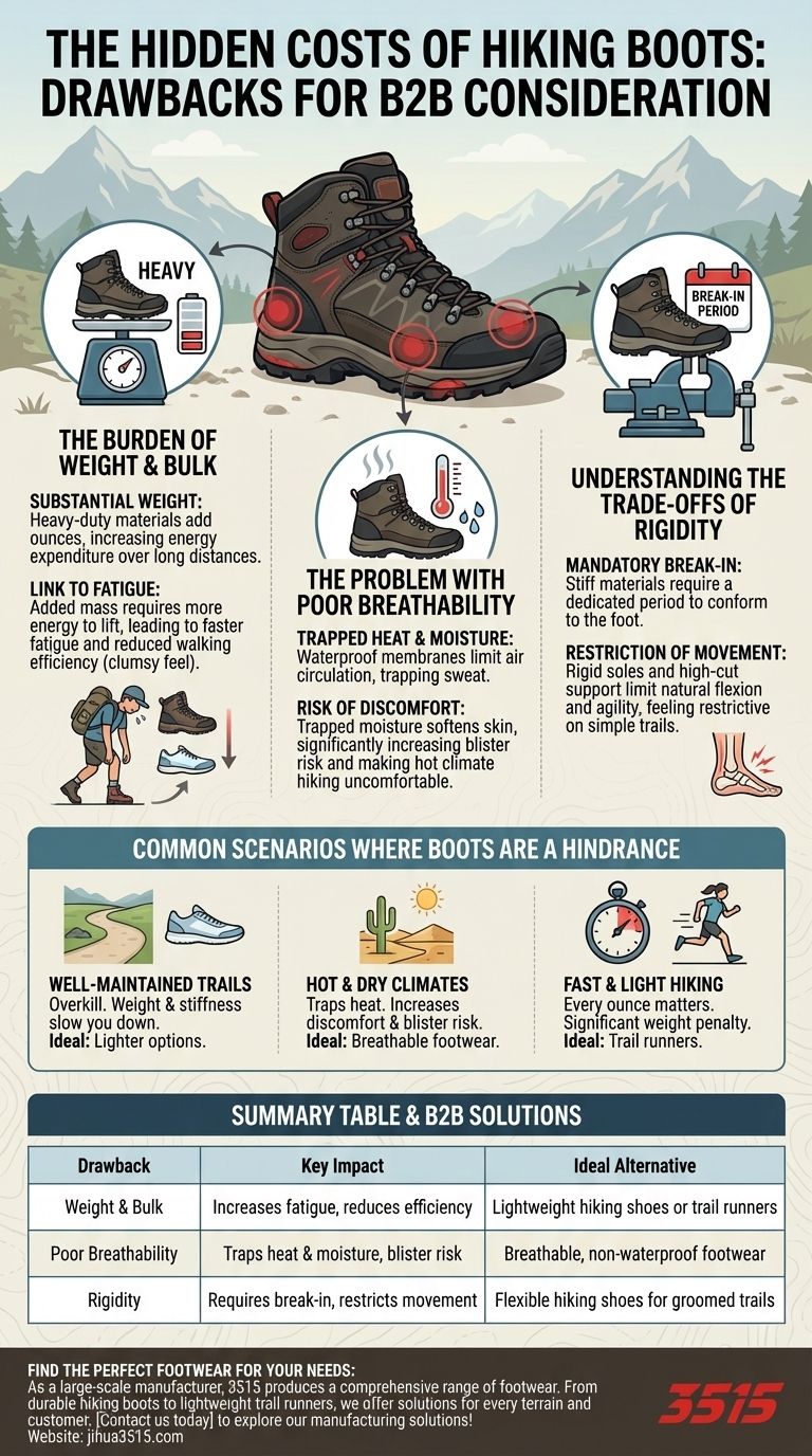 ما هي عيوب أحذية المشي لمسافات طويلة؟ شرح الأحذية الثقيلة والمتصلبة وضعيفة التهوية دليل مرئي