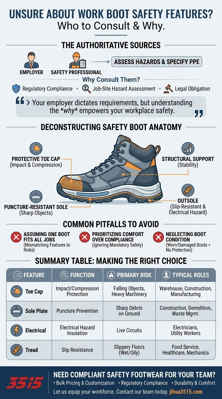Who should be consulted if unsure about the necessary safety features in work boots? Your Employer Holds the Key Visual Guide