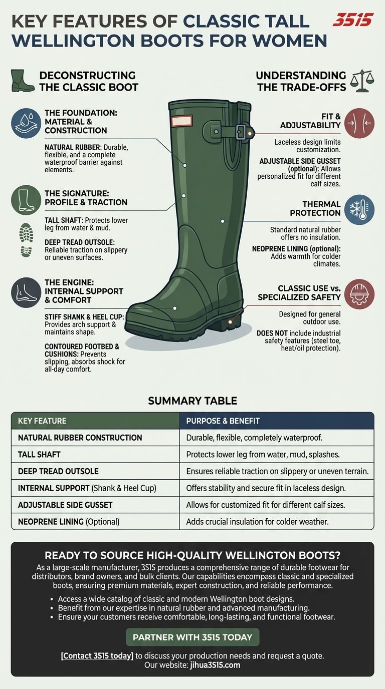 ما هي السمات الرئيسية لأحذية ويلينغتون الكلاسيكية الطويلة للنساء؟ | دليل الشركة المصنعة 3515 دليل مرئي