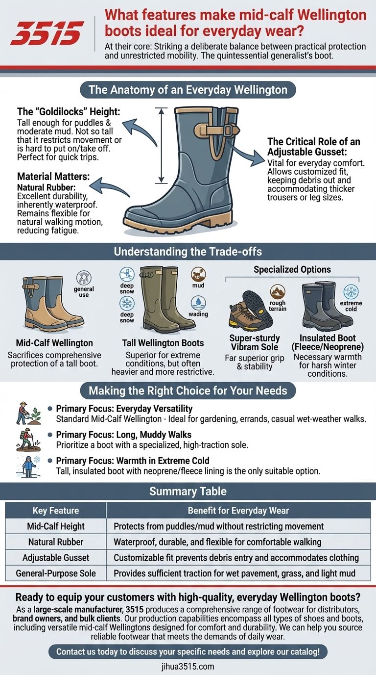 일상생활에 적합한 미드 카프 웰링턴 부츠의 특징은 무엇인가요? 보호와 편안함의 완벽한 균형을 발견하세요. 시각적 가이드