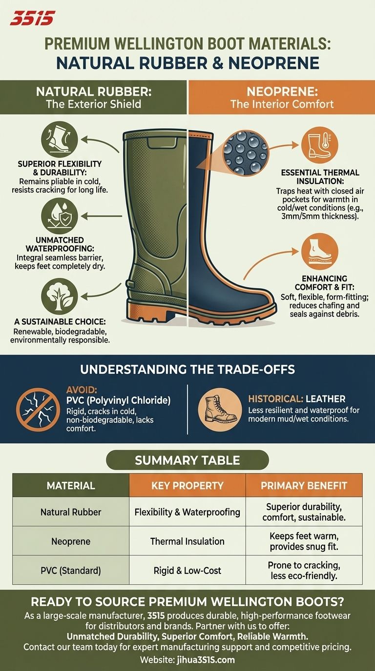 ما هي المواد المستخدمة عادة في أحذية ويلينغتون الفاخرة؟ المطاط الطبيعي والنيوبرين لأداء فائق دليل مرئي