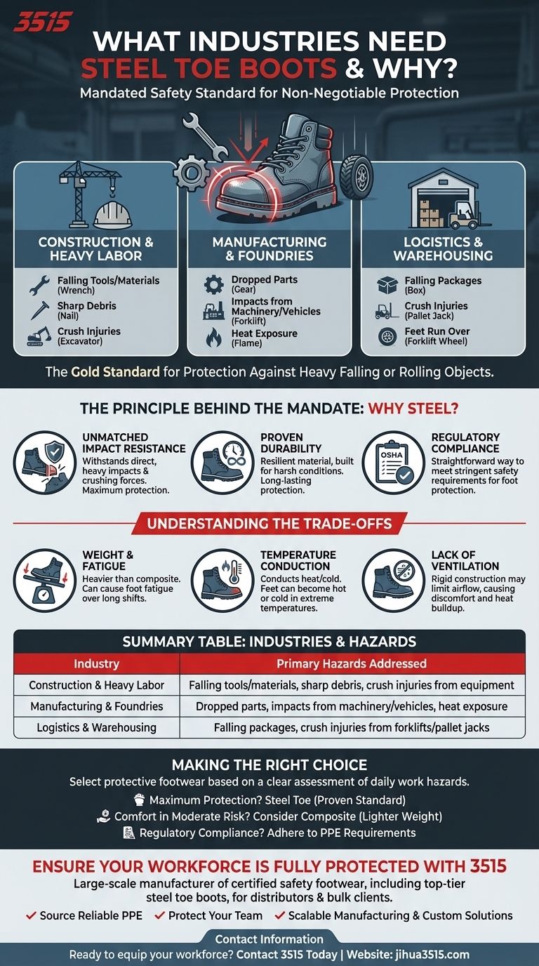 강철 발가락 부츠는 어떤 산업에서 흔히 사용되며 그 이유는 무엇인가요? 위험도가 높은 작업에 대한 필수 보호 시각적 가이드