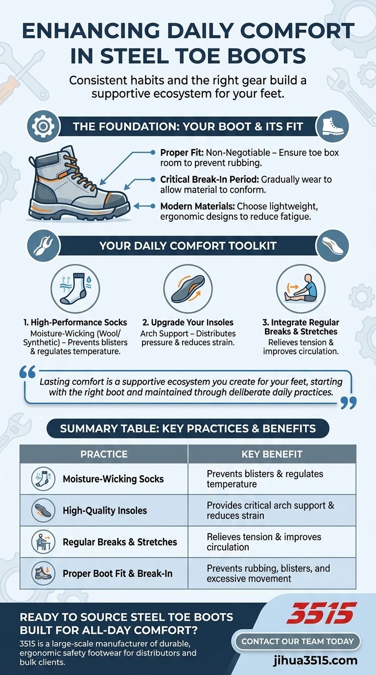Quelles pratiques quotidiennes peuvent améliorer le confort des pieds lorsque l'on porte des bottes à embout d'acier ? Créez une base confortable pour votre journée de travail Guide Visuel