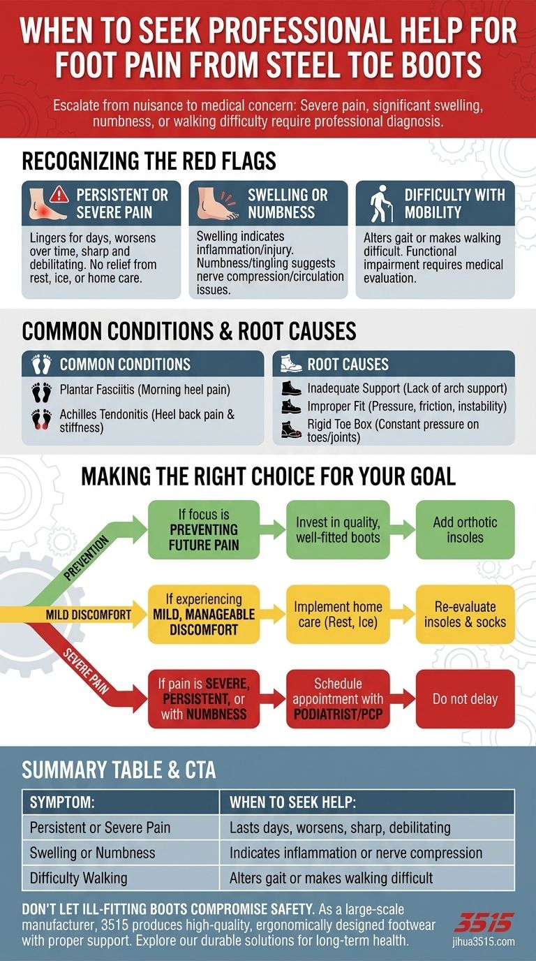 Когда следует обращаться за профессиональной помощью при боли в ногах, вызванной ботинками со стальным носком? Распознайте предупреждающие знаки Визуальное руководство