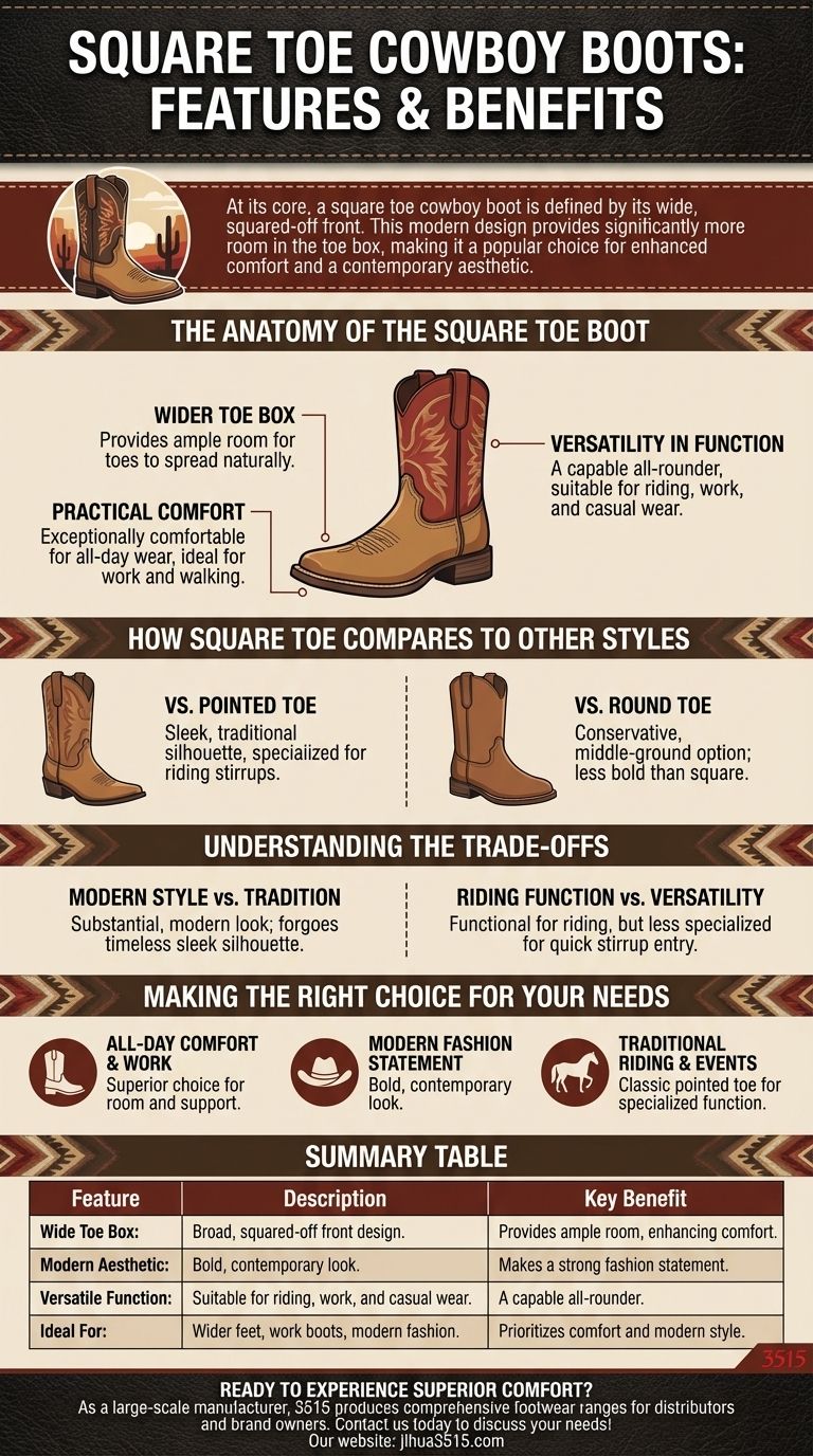 スクエアトゥのカウボーイブーツの特徴は何ですか？モダンな快適さとスタイルの解説 ビジュアルガイド