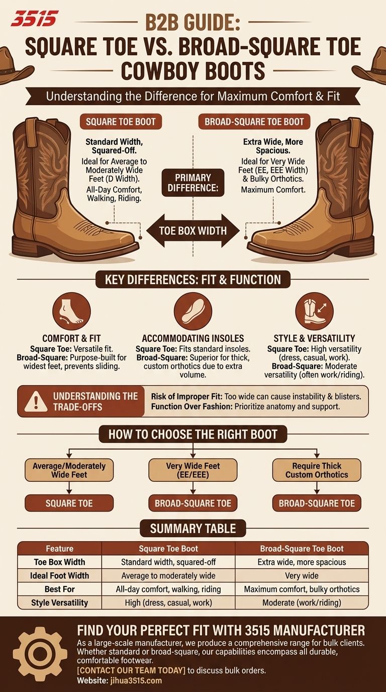 كيف تختلف أحذية رعاة البقر ذات المقدمة المربعة العريضة عن أحذية المقدمة المربعة؟ اكتشف المقاس المثالي لراحة قصوى دليل مرئي