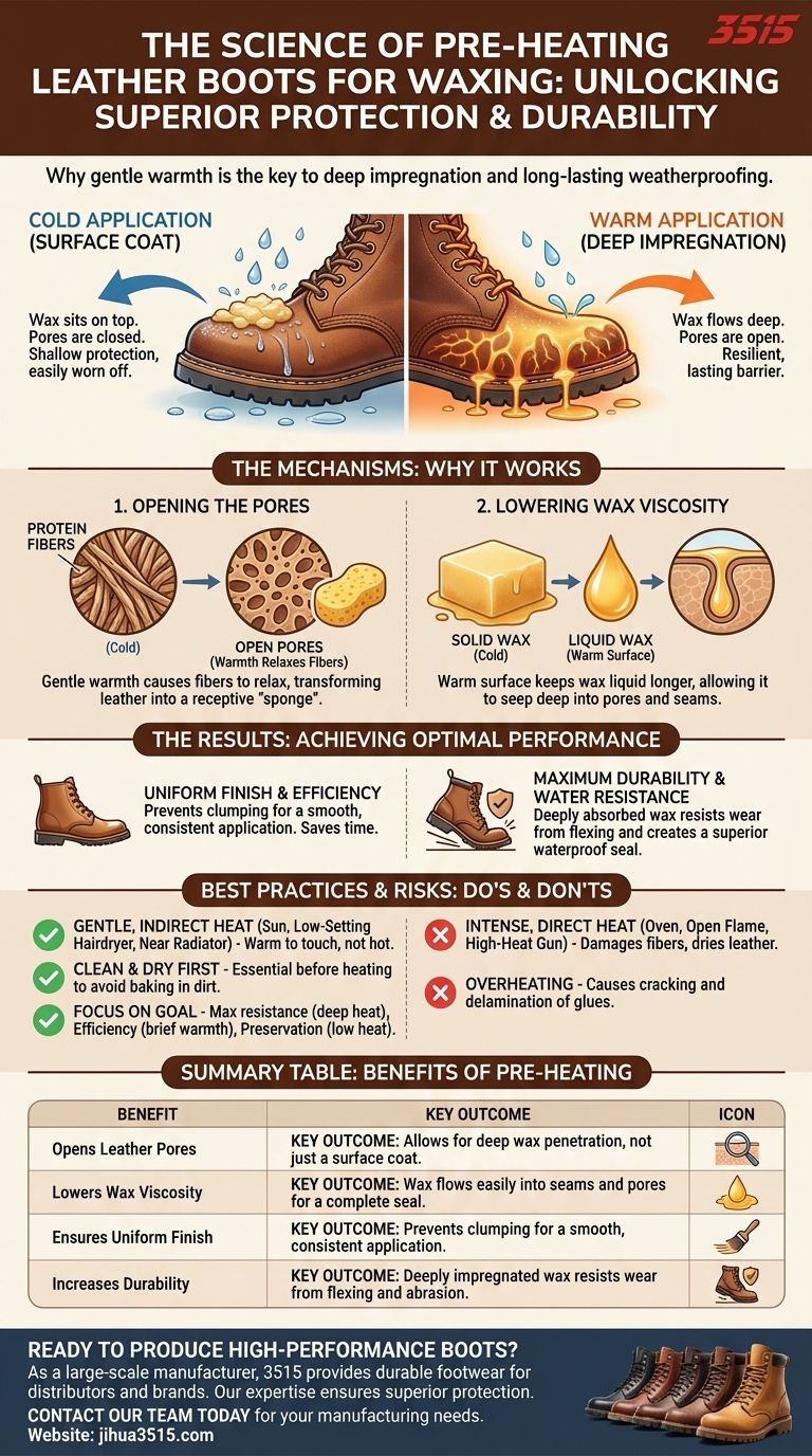 Why might it be beneficial to pre-heat the boots before applying wax? Achieve Deeper, Longer-Lasting Protection Visual Guide