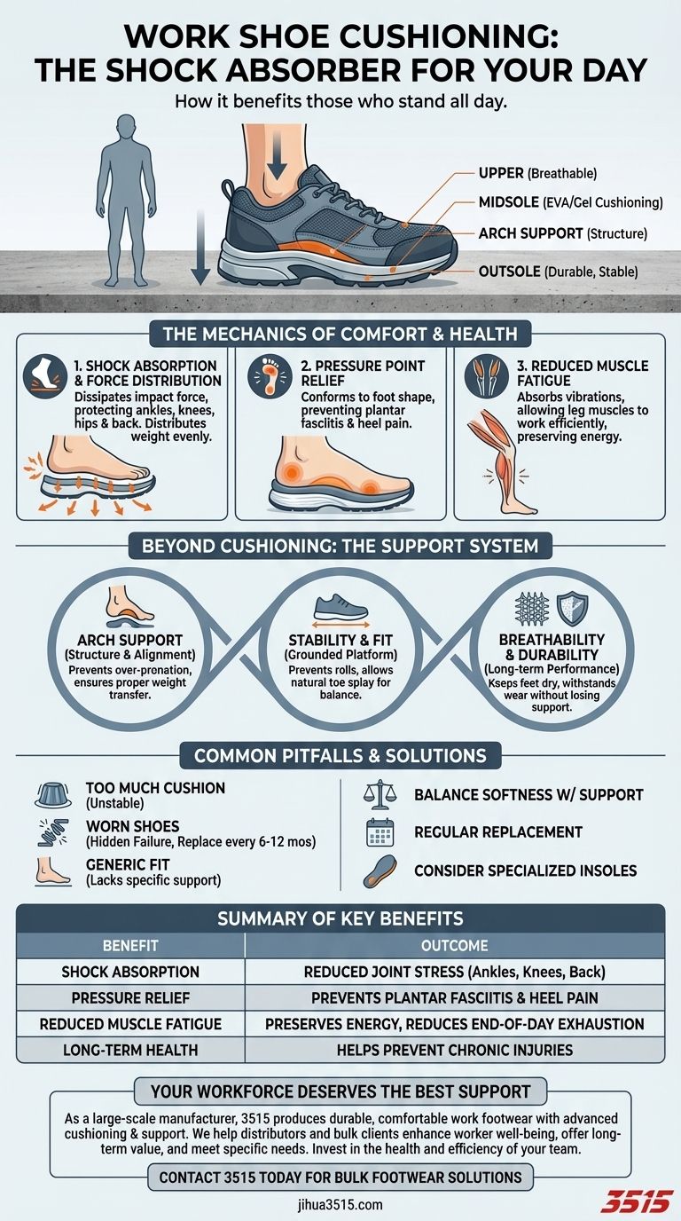 하루 종일 서서 일하는 사람들에게 작업화의 쿠셔닝은 어떤 이점을 제공하나요? 통증 예방 및 에너지 증진 시각적 가이드