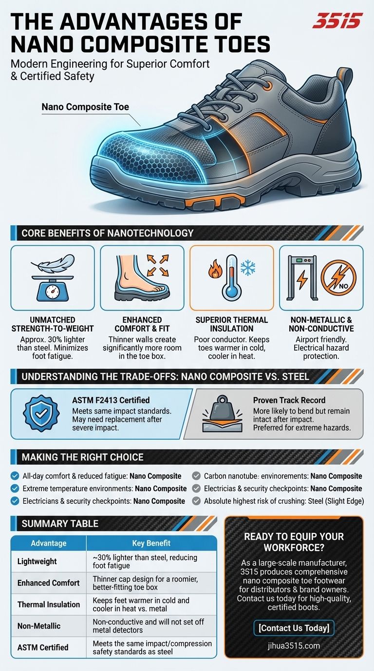 나노 복합 토우의 장점은 무엇인가요? 가볍고 편안하며 안전 인증을 받았습니다. 시각적 가이드