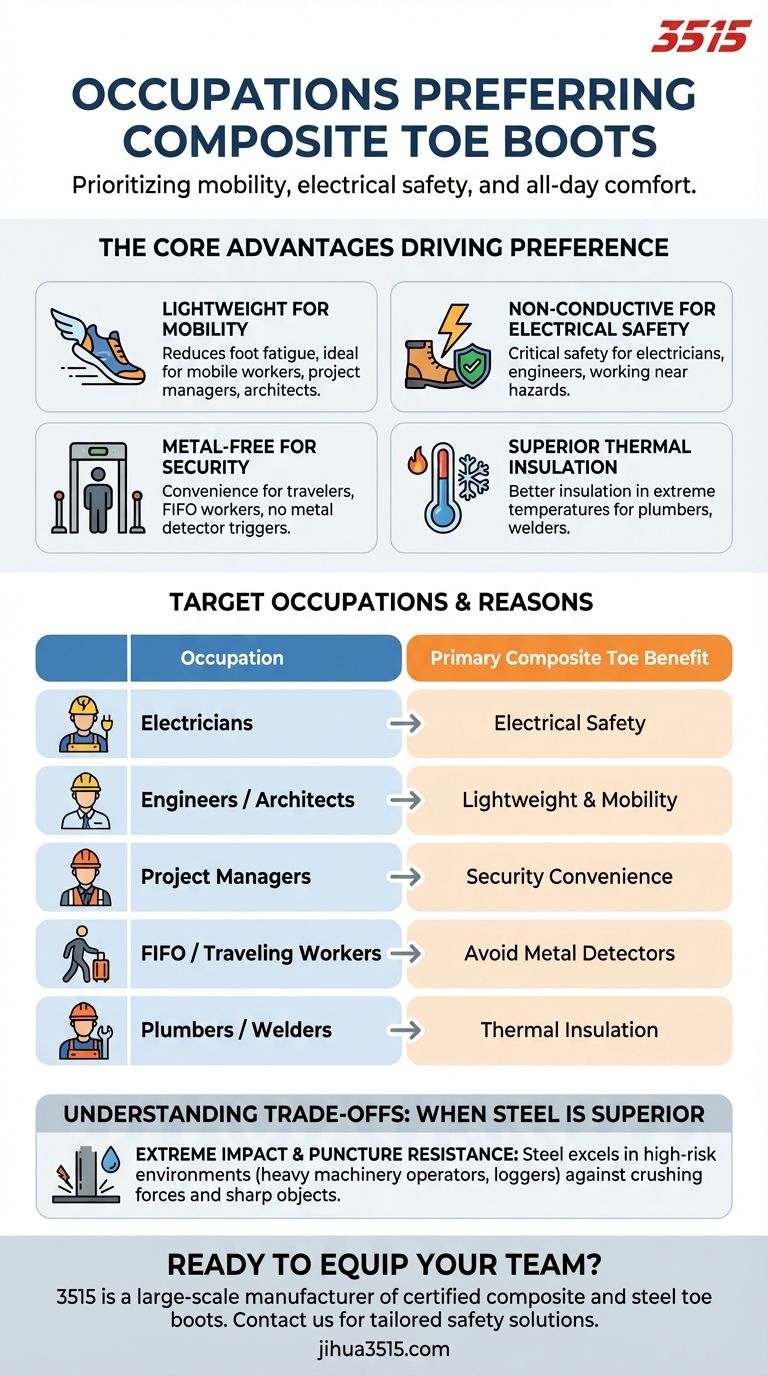 어떤 직업에서 복합 발가락 부츠를 선호하는 경향이 있습니까? 전기 기술자 및 엔지니어를 위한 경량, 비전도성 안전화 시각적 가이드