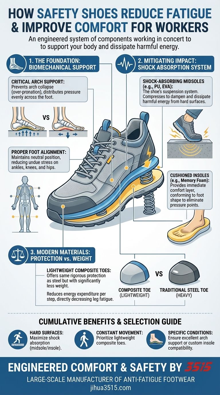 Come le scarpe antinfortunistiche riducono l'affaticamento e migliorano il comfort per i lavoratori? Caratteristiche chiave per il supporto per tutto il giorno Guida Visiva
