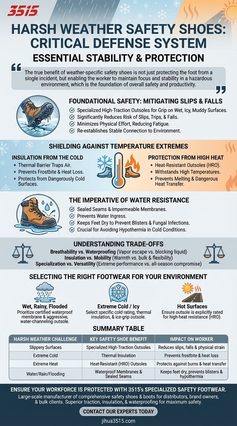 What benefits do safety shoes provide in harsh weather conditions? Ensure Worker Safety and Productivity Visual Guide
