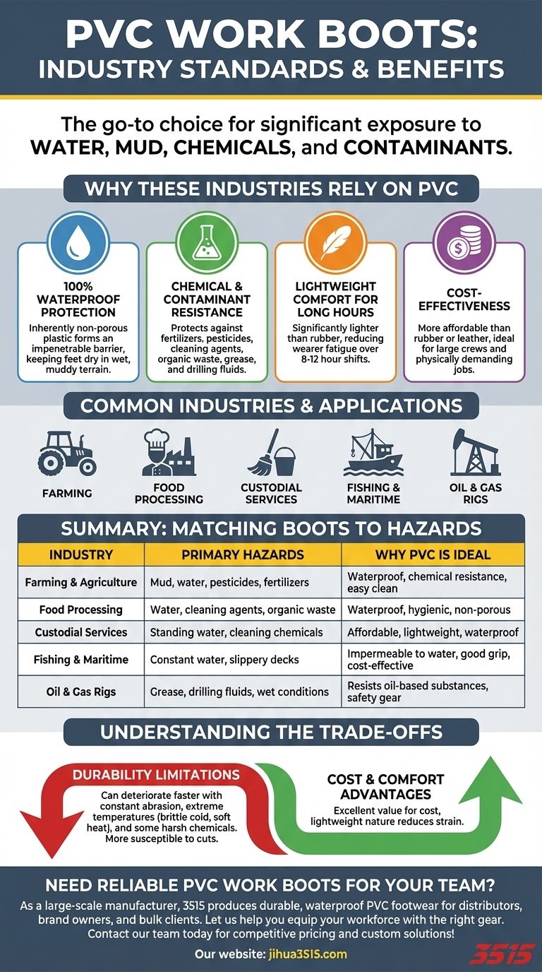 PVC 작업화는 어떤 종류의 직업에 흔히 사용되나요? 습하고 힘든 작업에 필수적인 보호 기능 시각적 가이드