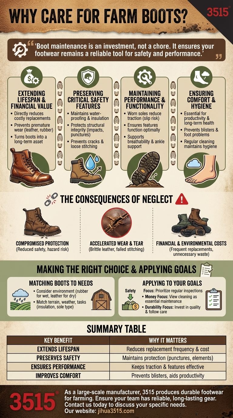 Perché è importante prendersi cura degli stivali da fattoria? Proteggi il tuo investimento e la tua sicurezza sul lavoro Guida Visiva