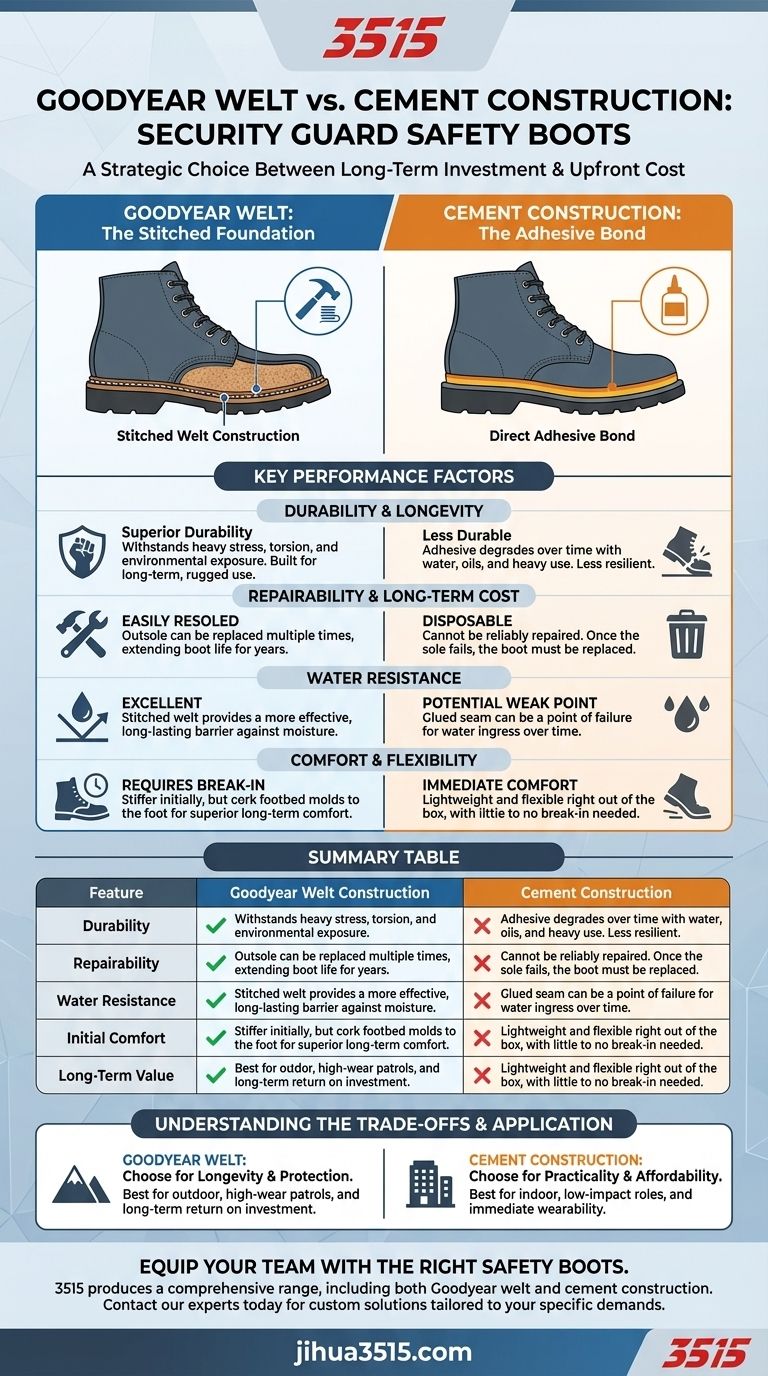 How does cement construction compare to Goodyear welt construction for security guard safety boots? Choose the Right Protection. Visual Guide