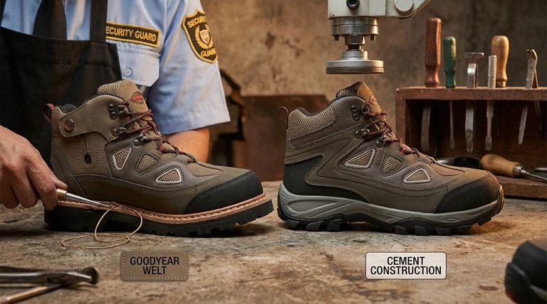 How does cement construction compare to Goodyear welt construction for security guard safety boots? Choose the Right Protection.