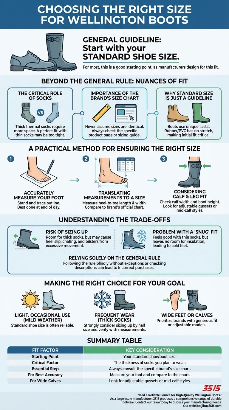 웰링턴 부츠 사이즈를 선택할 때 권장되는 일반적인 지침은 무엇인가요? 평소 신는 신발 사이즈부터 시작하세요. 시각적 가이드