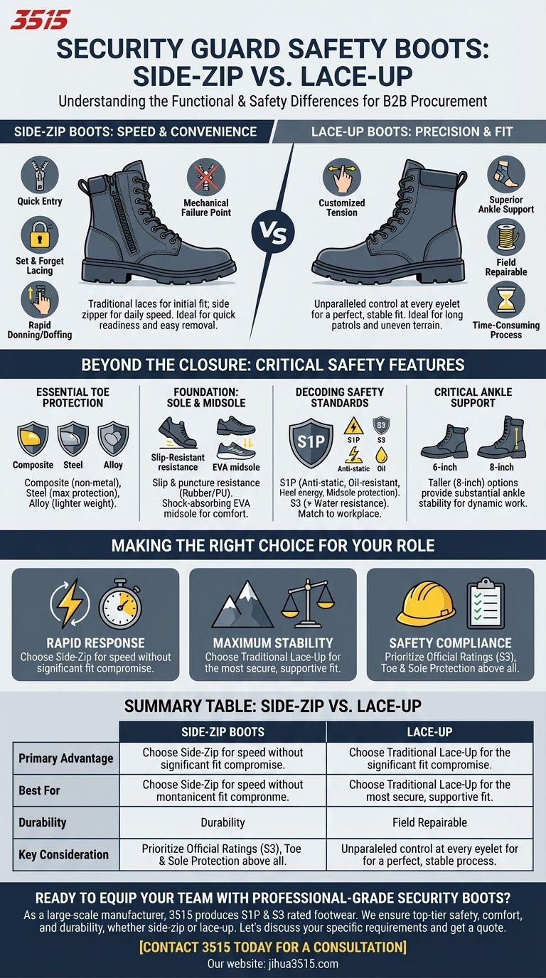 측면 지퍼와 레이스업 보안 요원 안전화의 차이점은 무엇인가요? 속도 대 완벽한 착용감 시각적 가이드