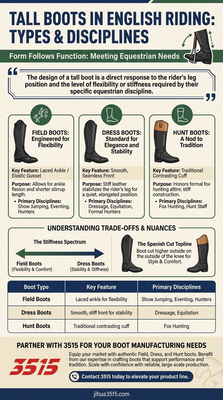 What are the main types of tall boots used in English riding disciplines? A Guide to Field, Dress & Hunt Boots Visual Guide