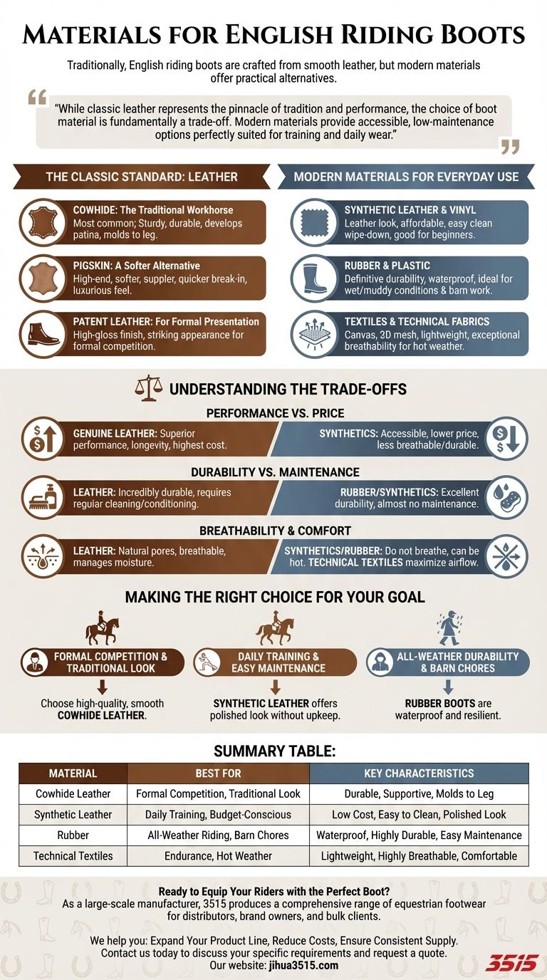 영국식 승마 부츠에는 전통적으로 어떤 소재가 사용되나요? 가죽 및 현대식 대안 가이드 시각적 가이드