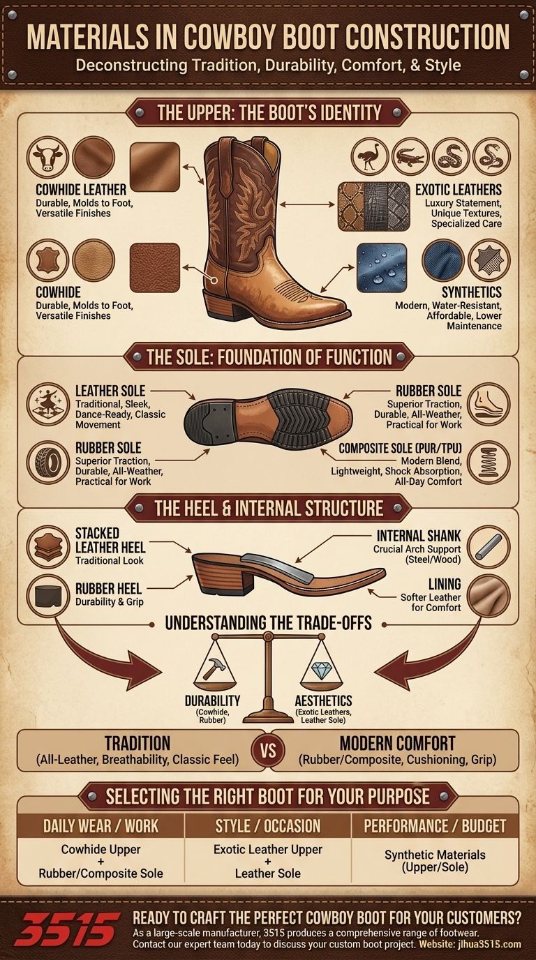 カウボーイブーツの素材は何ですか？革、ソール、ヒールのガイド ビジュアルガイド