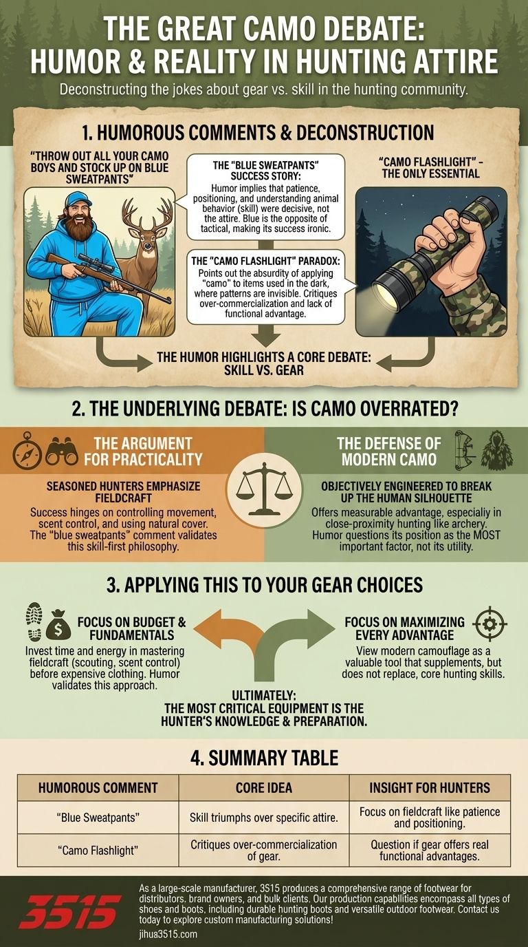 Quels commentaires humoristiques ont été faits sur la tenue de chasse dans la discussion ? Décryptage du débat compétence vs équipement Guide Visuel