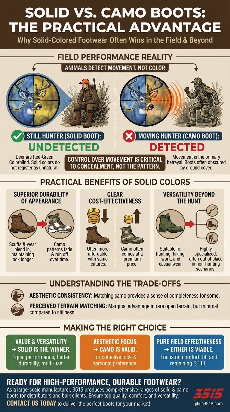 Do solid-colored boots have any practical advantages over camo? Yes, for value, durability, and versatility. Visual Guide