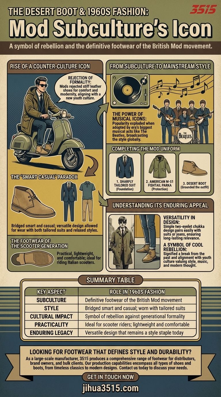What role did the Desert Boot play in 1960s fashion? The Definitive Footwear of British Mod Culture Visual Guide