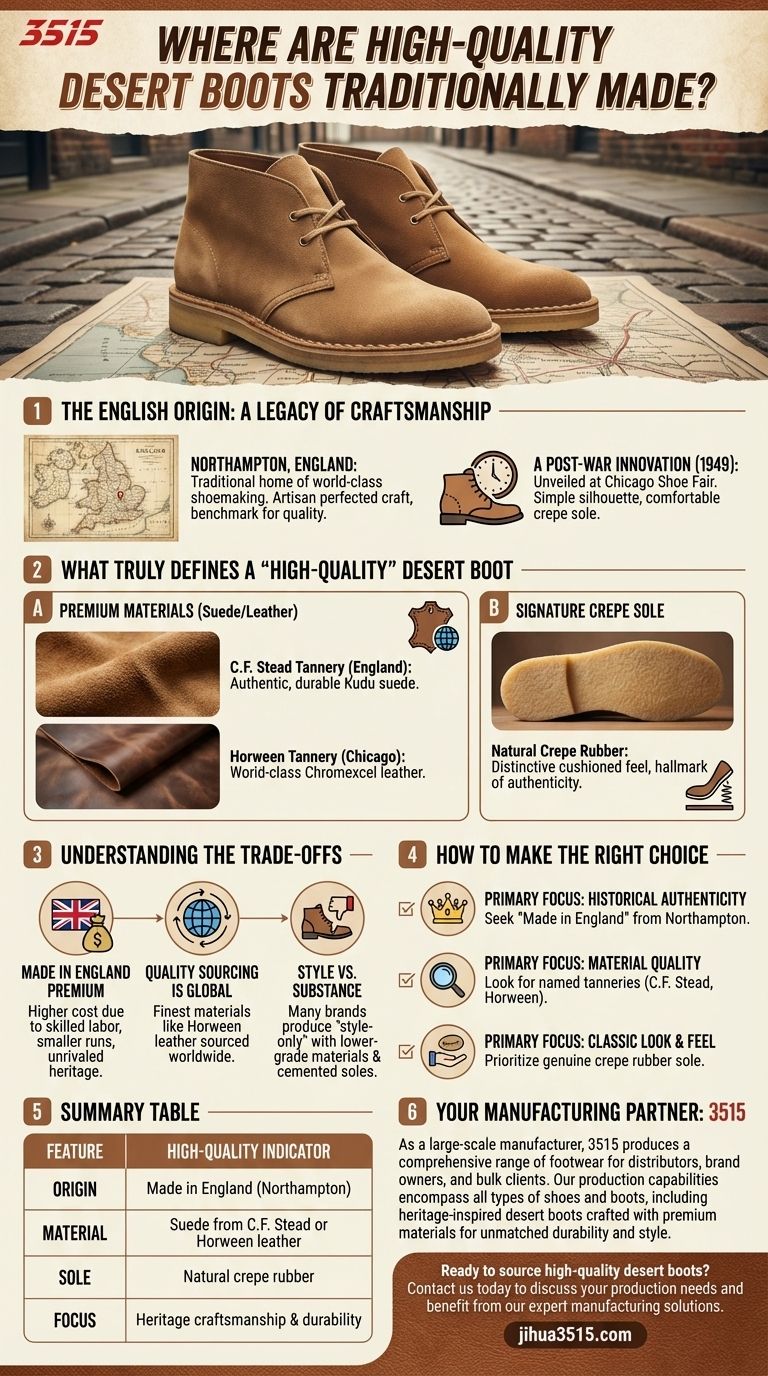 Dove vengono tradizionalmente realizzati gli stivali desert di alta qualità? Realizzati in Inghilterra con materiali pregiati Guida Visiva