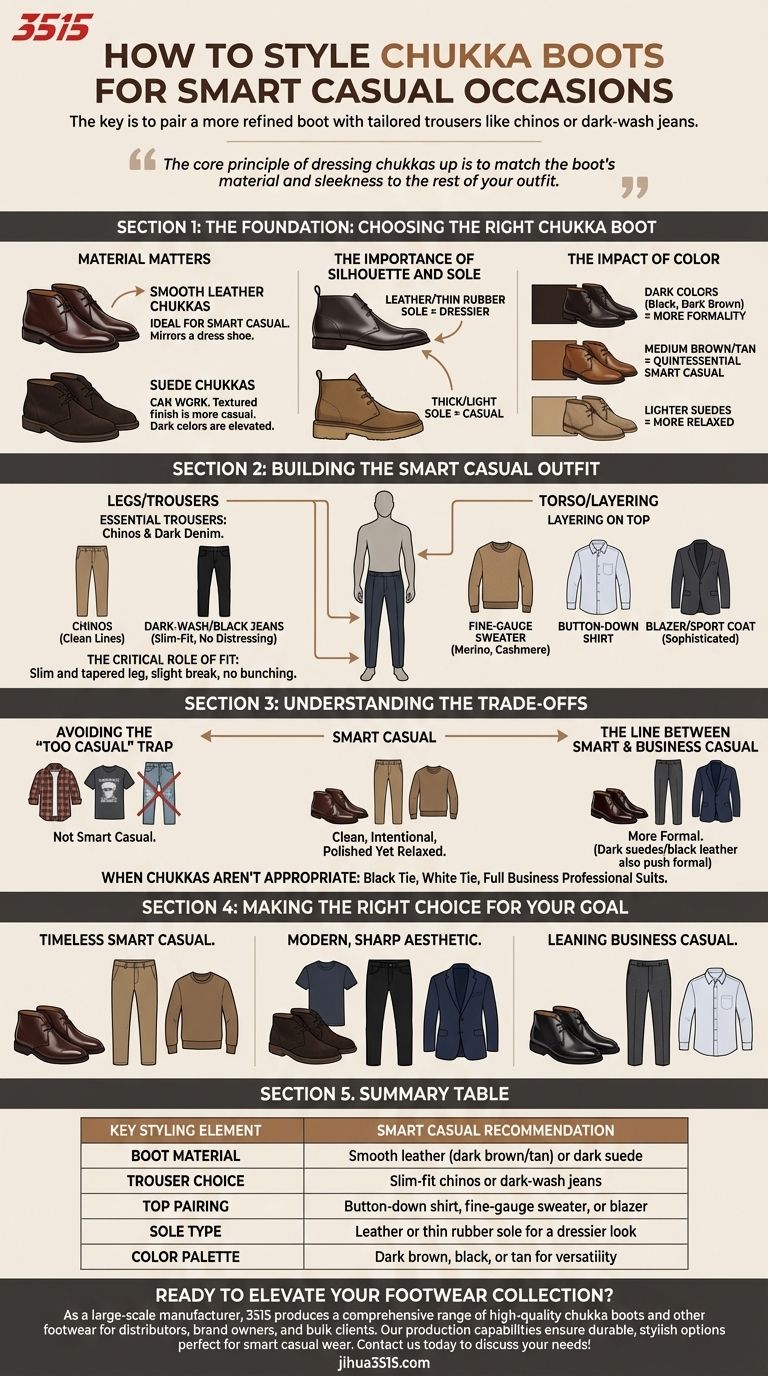 Wie lassen sich Chukka-Boots für Smart-Casual-Anlässe stylen? Erzielen Sie einen gepflegten, vielseitigen Look Visuelle Anleitung