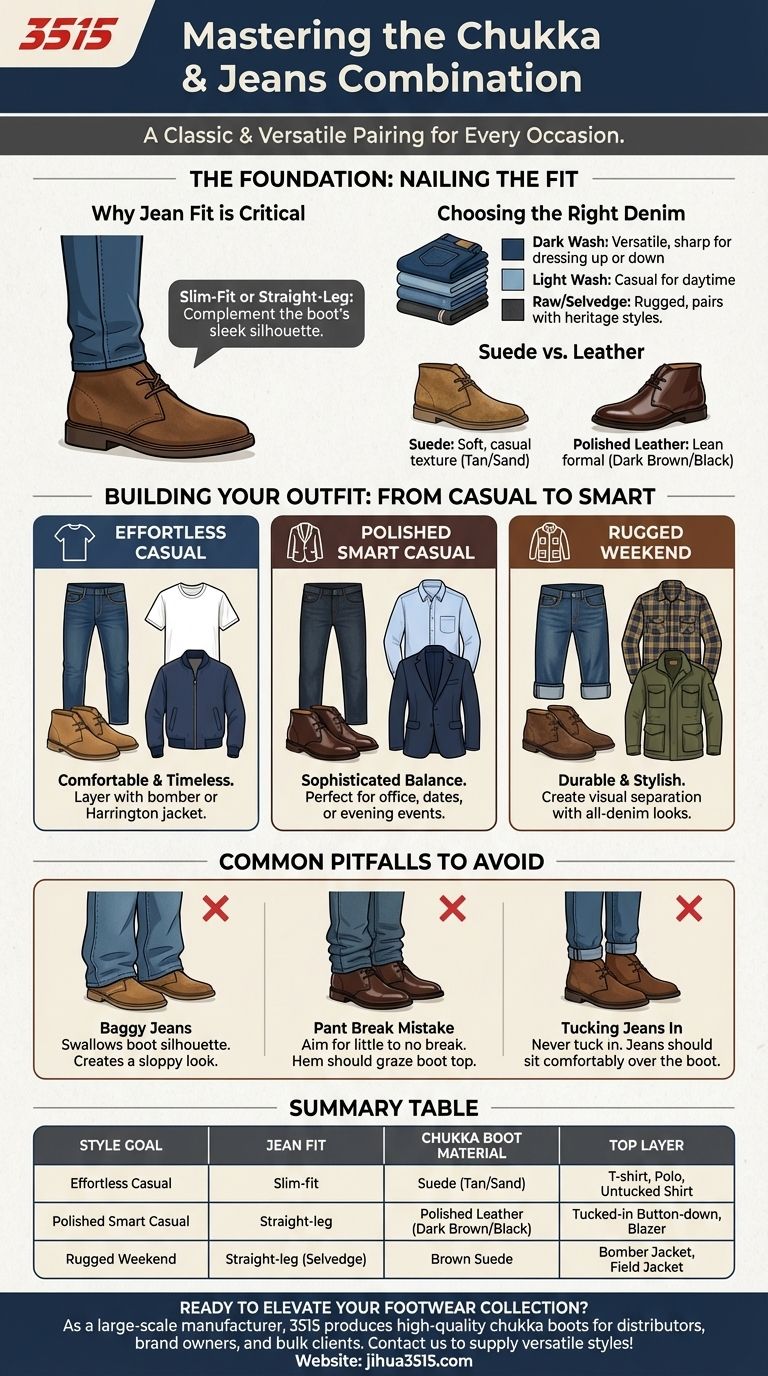 Was sind einige Möglichkeiten, Chukka-Stiefel zu Jeans zu tragen? Meistern Sie den lässigen bis schick-lässigen Look Visuelle Anleitung