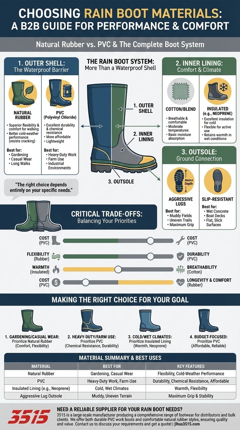 レインブーツの素材選びの全体的な推奨事項は何ですか？ラバー対PVCガイド ビジュアルガイド