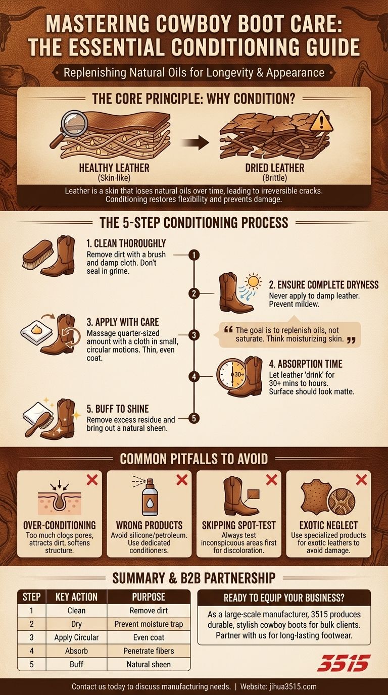 カウボーイブーツにはどのようにコンディショナーを塗布すべきか？適切なレザーケアのためのステップバイステップガイド ビジュアルガイド