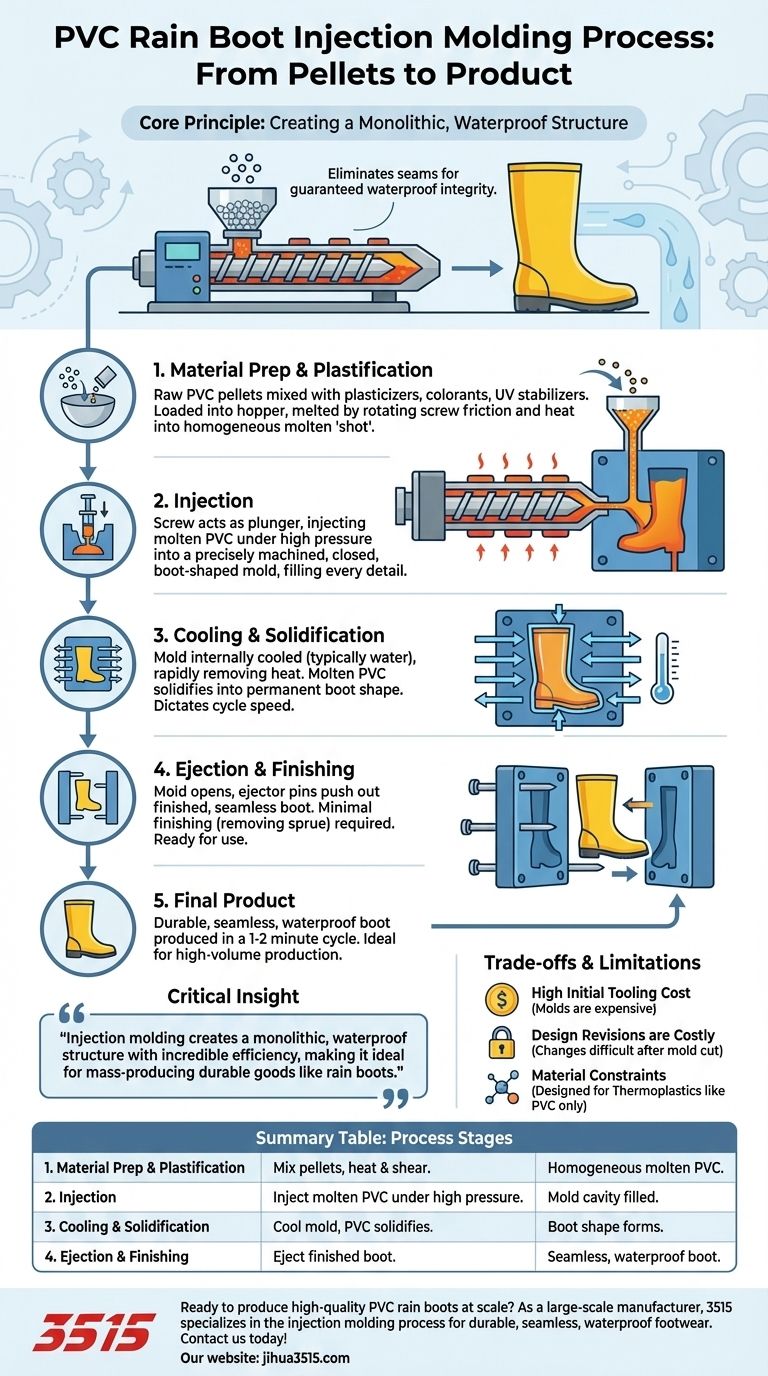 PVC 레인부츠 사출 성형 공정에 대해 설명합니다. 고속, 심리스 생산 시각적 가이드