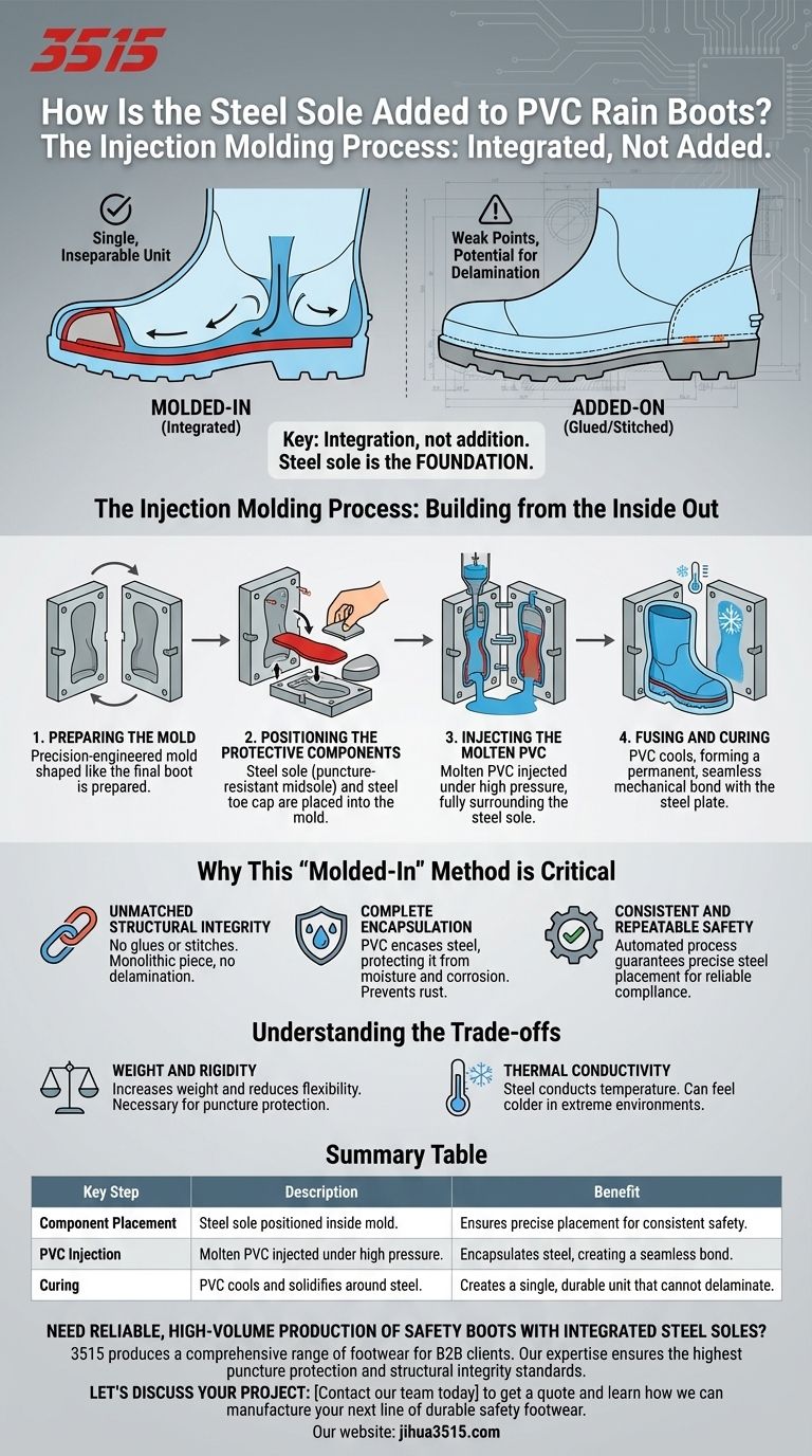 كيف تضاف النعل الفولاذي إلى أحذية المطر المصنوعة من بلاستيك PVC؟ يتم تشكيله داخليًا لضمان أقصى درجات الأمان دليل مرئي
