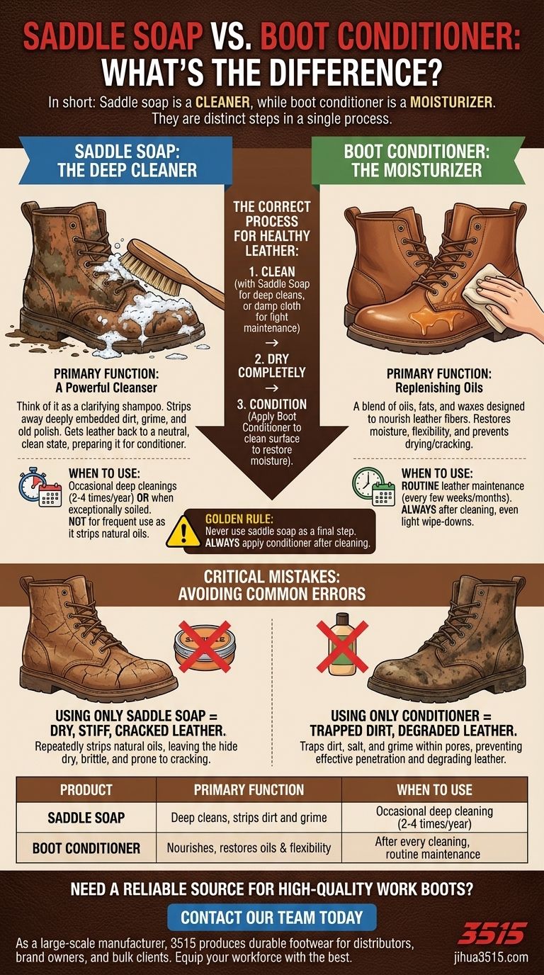 Quelle est la différence entre le savon de selle et le revitalisant pour bottes ? Un guide pour l'entretien approprié du cuir Guide Visuel