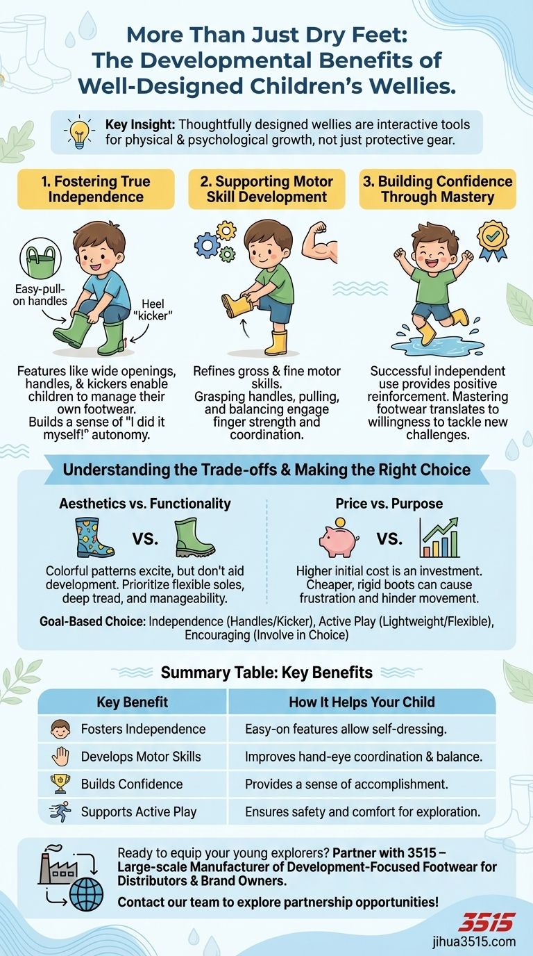 Quais benefícios adicionais as galochas bem projetadas oferecem para as crianças? Promovendo a Independência e a Confiança Guia Visual