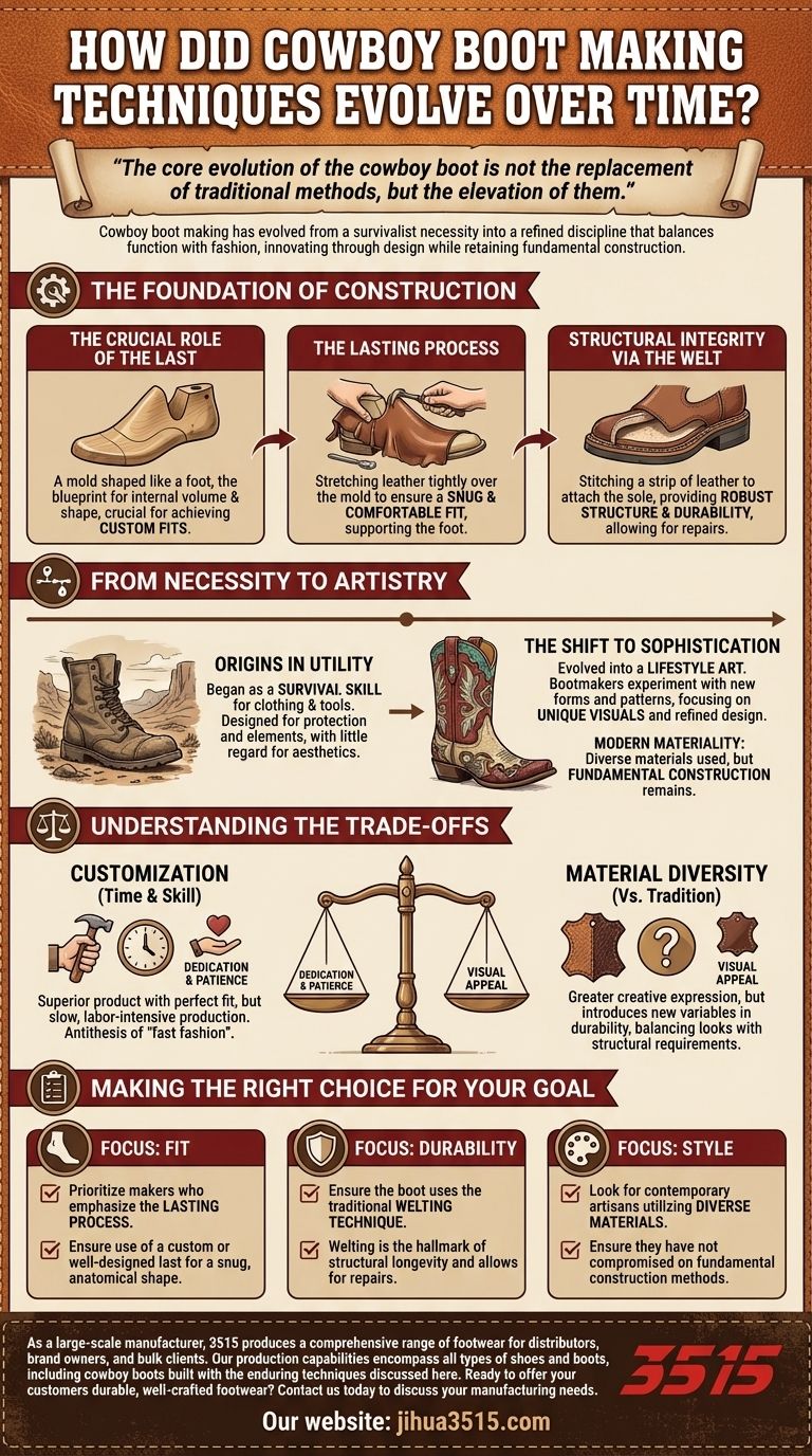 Wie haben sich die Techniken zur Herstellung von Cowboystiefeln im Laufe der Zeit entwickelt? Vom Überlebenshandwerk zur individuellen Kunstfertigkeit Visuelle Anleitung