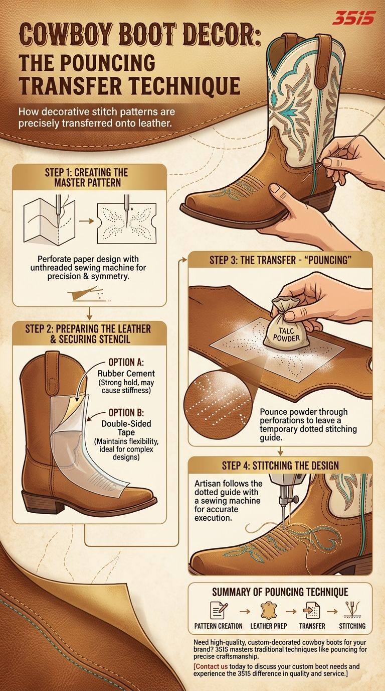 How are decorative patterns transferred onto cowboy boot uppers? The Art of Pouncing Explained Visual Guide