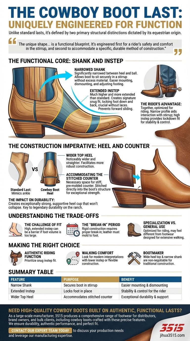 カウボーイブーツのラスト（木型）には、どのような独自の構造的特徴がありますか？馬術パフォーマンスのための設計図 ビジュアルガイド
