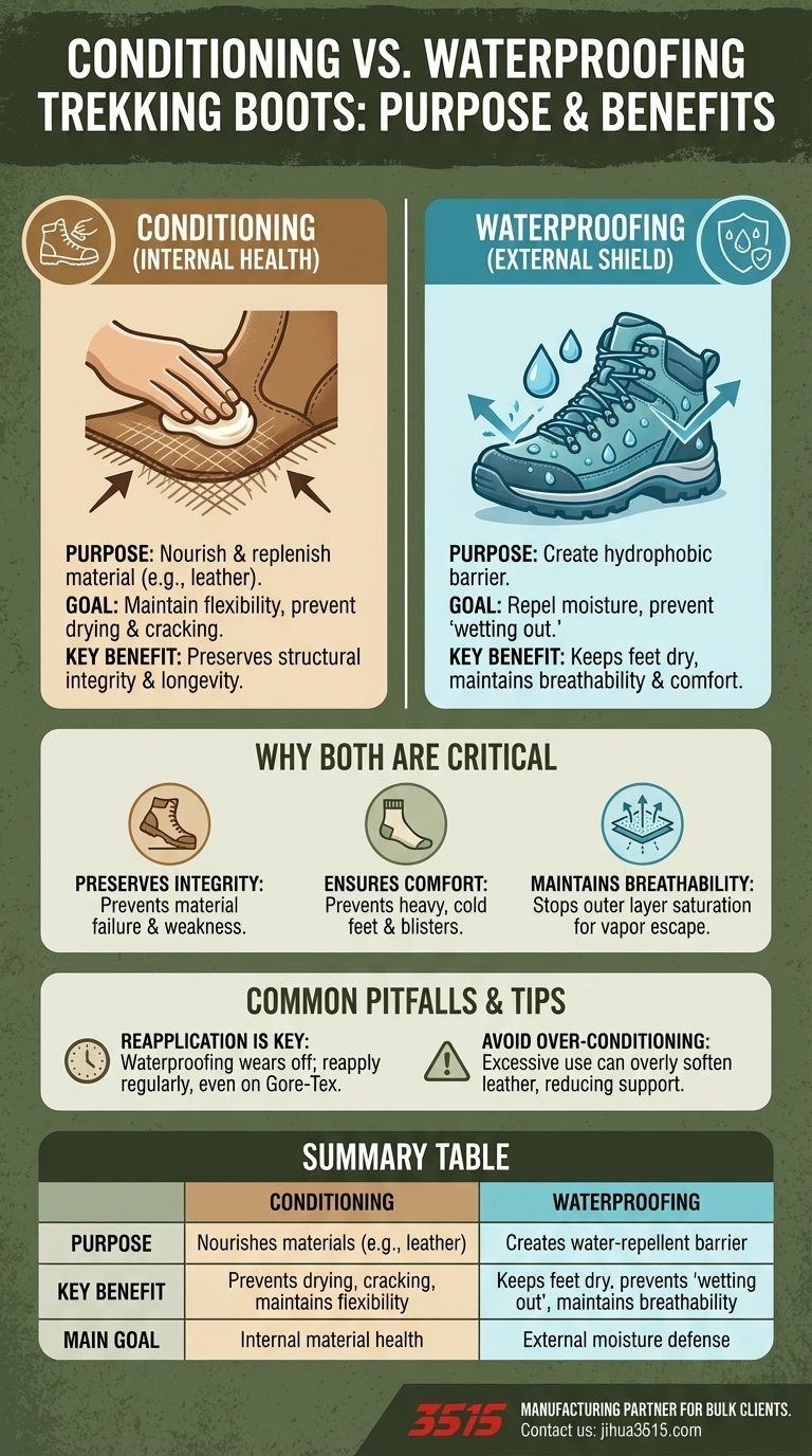 What is the purpose of conditioning and waterproofing trekking boots? Extend Boot Life & Trail Safety Visual Guide